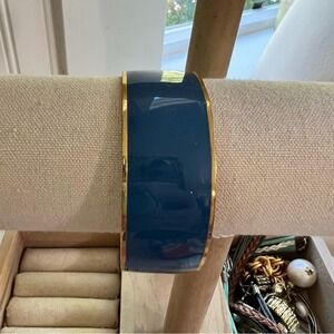J.Crew Navy Blue Enamel Wide Bangle Bracelet Gold Trim OS